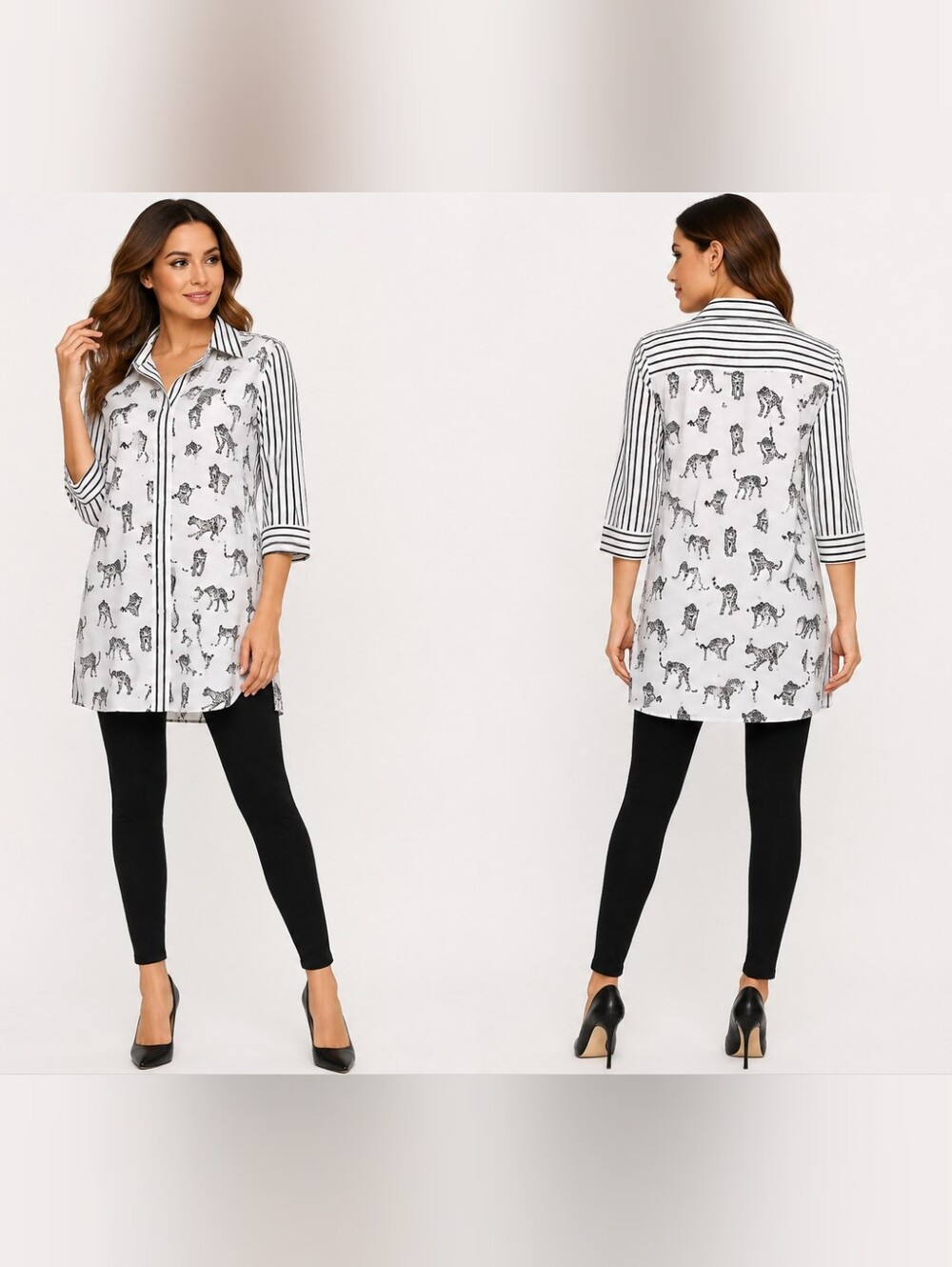 Chico's Black & White Striped Button-Down Tunic with Leopard Motif